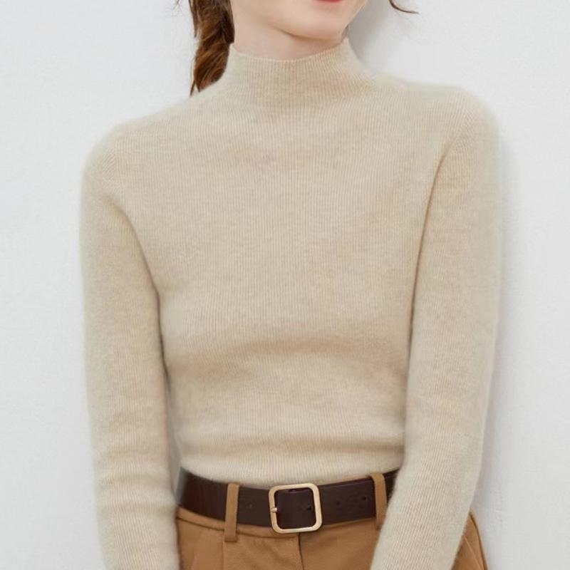 IHUASU Women's Semi-high Neck Wool Sweater Women 100% Pure Wool Slim Cashmere Knitting Bottoming Tight Inner Jumper