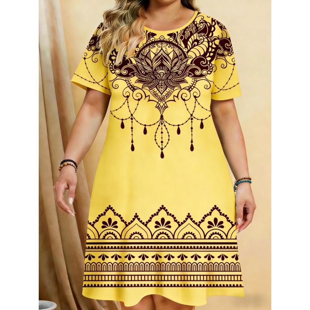 Elegant Floral Pattern Women Mini Dresses Summer Short Sleeve Printed Plus Size Casual Comfortable Soft Dress
