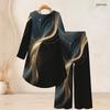 Women Plus Size Two Piece Set Round Neck Long Sleeve Printed High Low Top Wide Leg Pants Black Red White