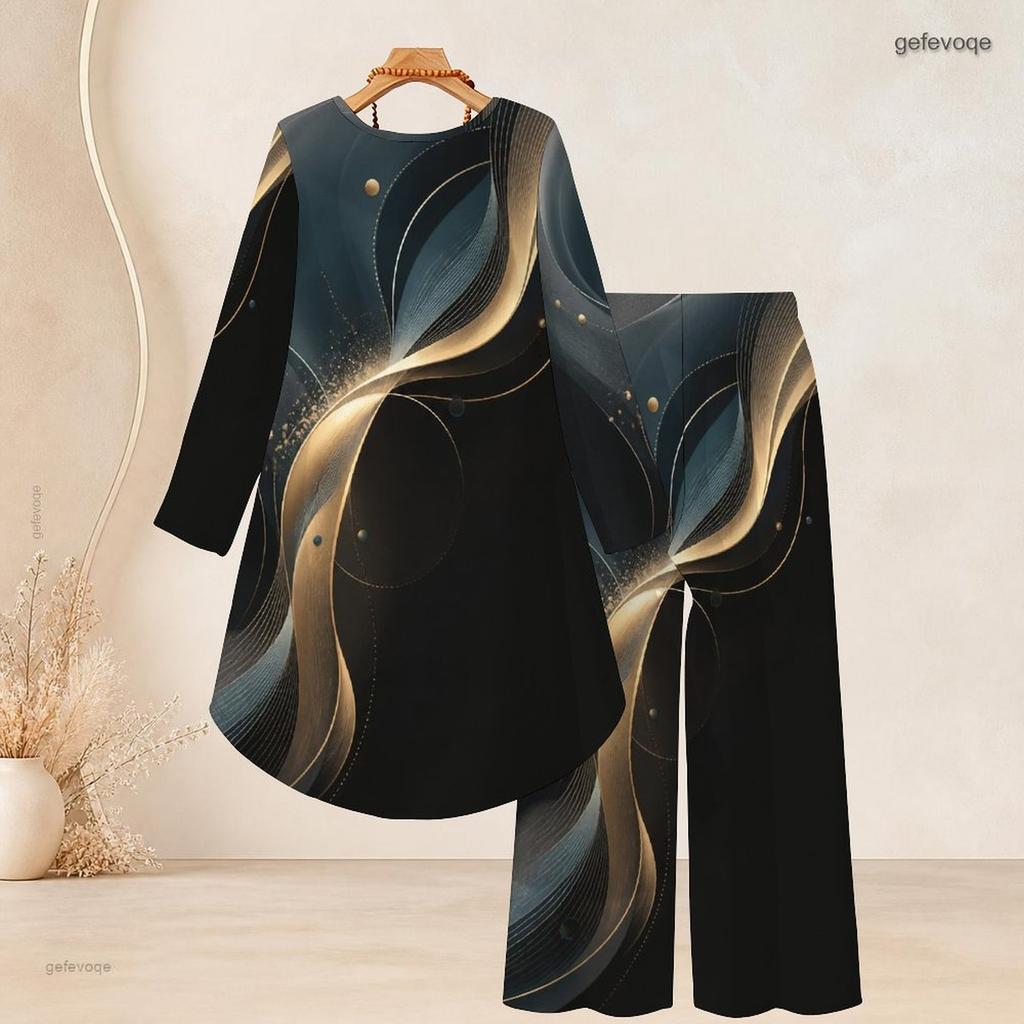 Women Plus Size Two Piece Set Round Neck Long Sleeve Printed High Low Top Wide Leg Pants Black Red White