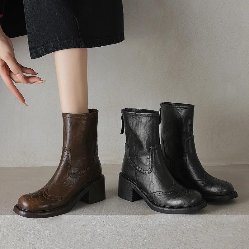 Fashion 2024 Winter Genuine Leather Women Boots Autumn Women Shoes Brogues Vintage Block Chelsea Boots Retro Ankl Boots