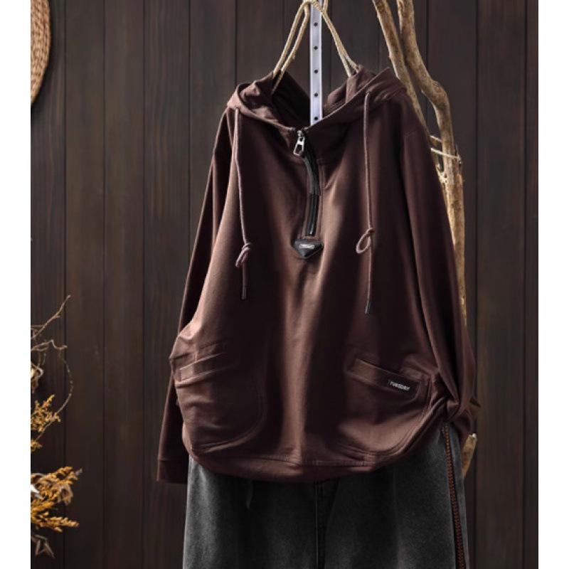 Women's Hooded Half-Zip Hoodie: Large Pockets, Subtle Logo, Stylish Loose-Fit, Casual Long-Sleeve Top