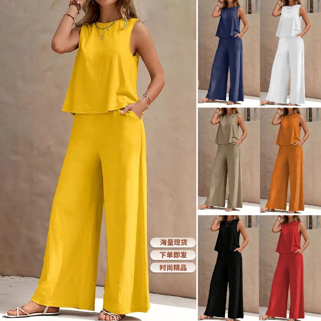 Women's Sleeveless Top and Wide Leg Pants Casual Outfit Set