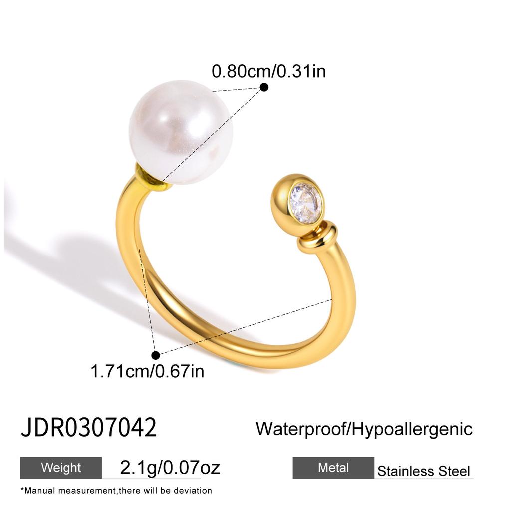 Original Stainless Steel Ring White Pearl Zircon Niche High-End Piece 18K Gold-Plated Europe America Style Geometric Design