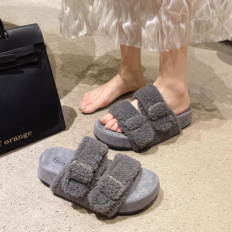 Double-buckle Boken Hairy Slippers for Women's Outer Wear 2025 Autumn New Thick-bottomed Muffin One-word Mop Versatile Casual Cotton Mop