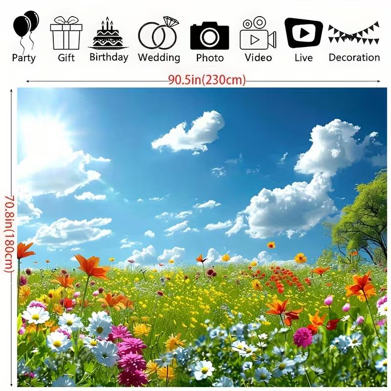 2D Spring Wildflower Meadow Tapestry, Bright Blue Sky & Sun Backdrop