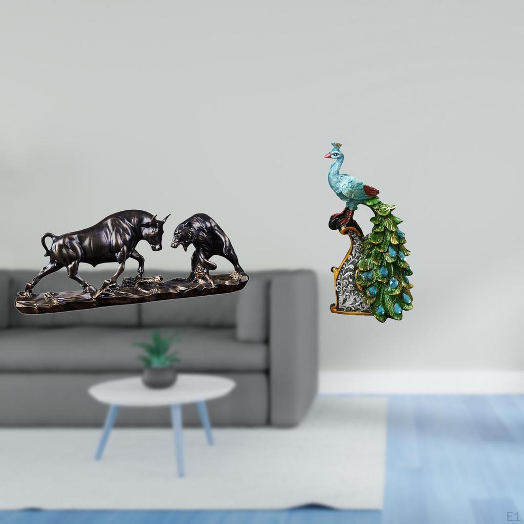 Modern Feng Shui Bull And Peacock Animal Sculpture Collection Elegant Tabletop Ornament for Desk