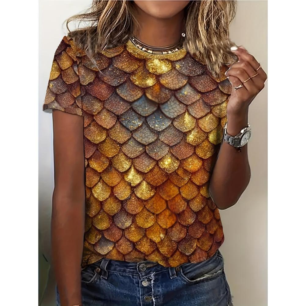 2025 New Summer Women's Black and White Swan Print T-shirt Round Neck Short Sleeve Street Casual Daily Basic Tops