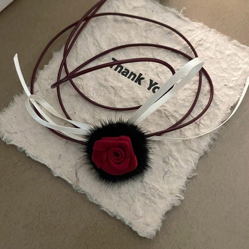 HX6F Fashionable Rose Ribbon Necklace Accessory Stylish Bowknot Pendant Neck Jewelry CN