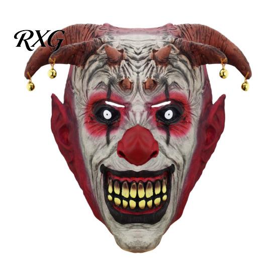Scary Halloween Clown Mask Devil Horns Mask, with Bell Decor, Breathable Comfortable Costume Accessories for Latex Headgear, Adult Cosplay Props