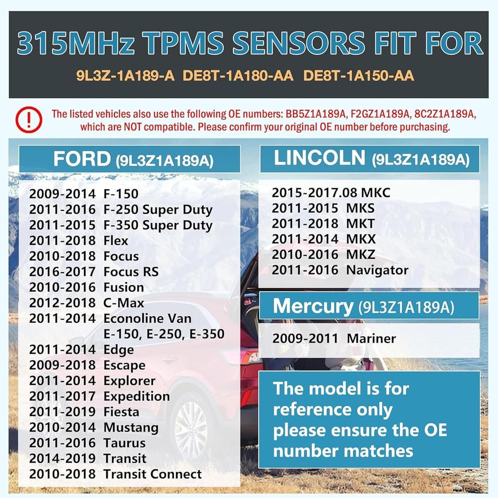 315MHz TPMS Reifendrucksensoren für Ford 2009-2014 F-150 2009-2018 Escape 2010-2016 Fusion & Lincoln MKS Ersetzt # 9L3Z-1A189-A DE8T-1A180-AA
