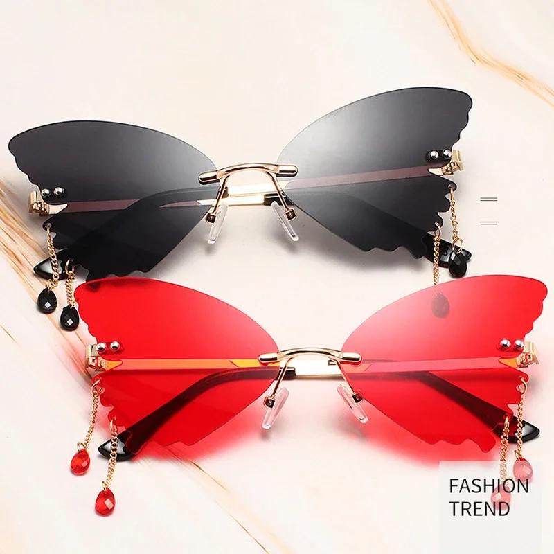Butterfly Shape Sunglasses Women Uv400 Creative Pendant Metal Rimless Shades Outdoor Travel Party Decorative Sunglasses