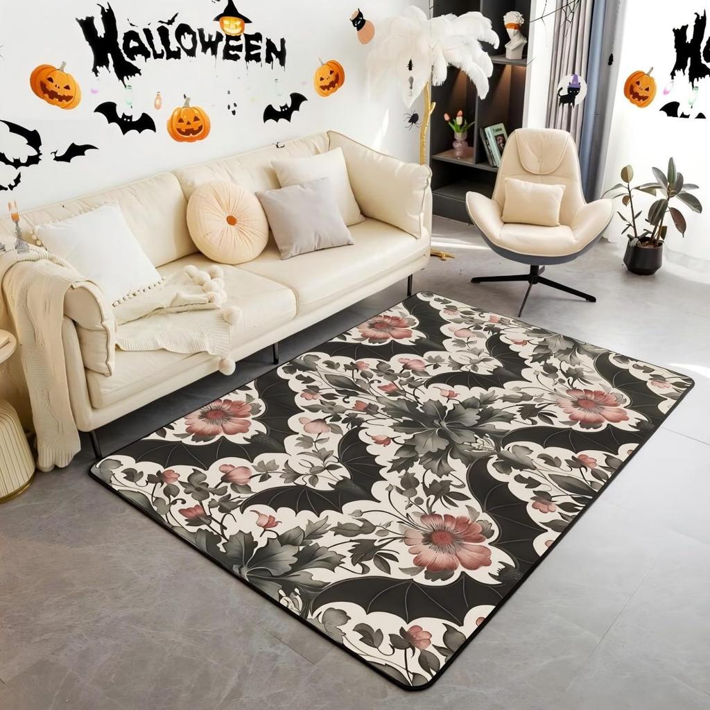 Halloween Bats Area Rug 3x5, Boho Vintage Floral Rugs for Living Room Gothic Damask Washable Rug, Antique Decor Goth Silhouette Dark Shadows
