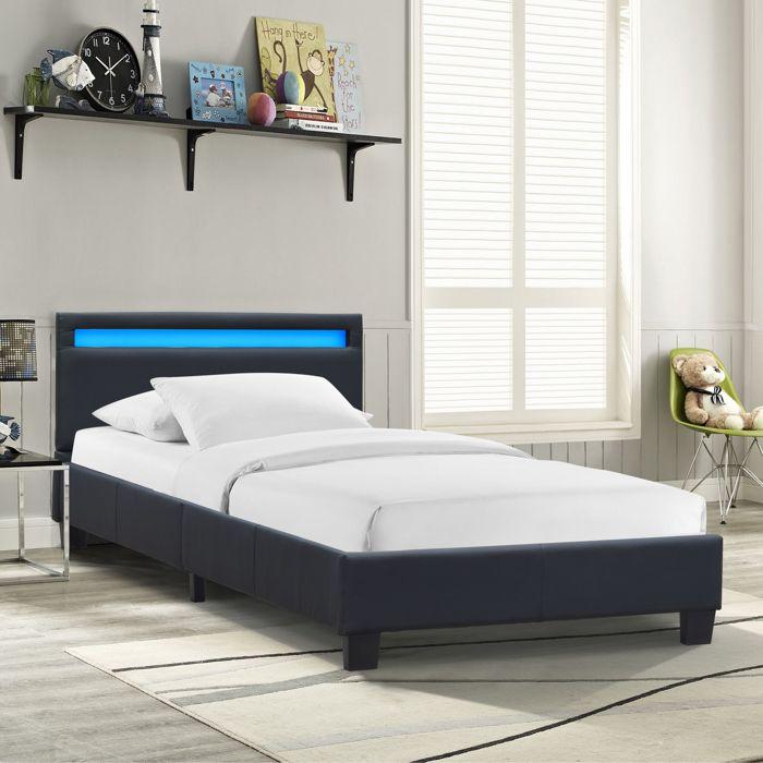 Angel - Solid and Comfortable Bed 90x200 with Base Headboard with LED Lighting BLACK Color Feet In 10 Cm