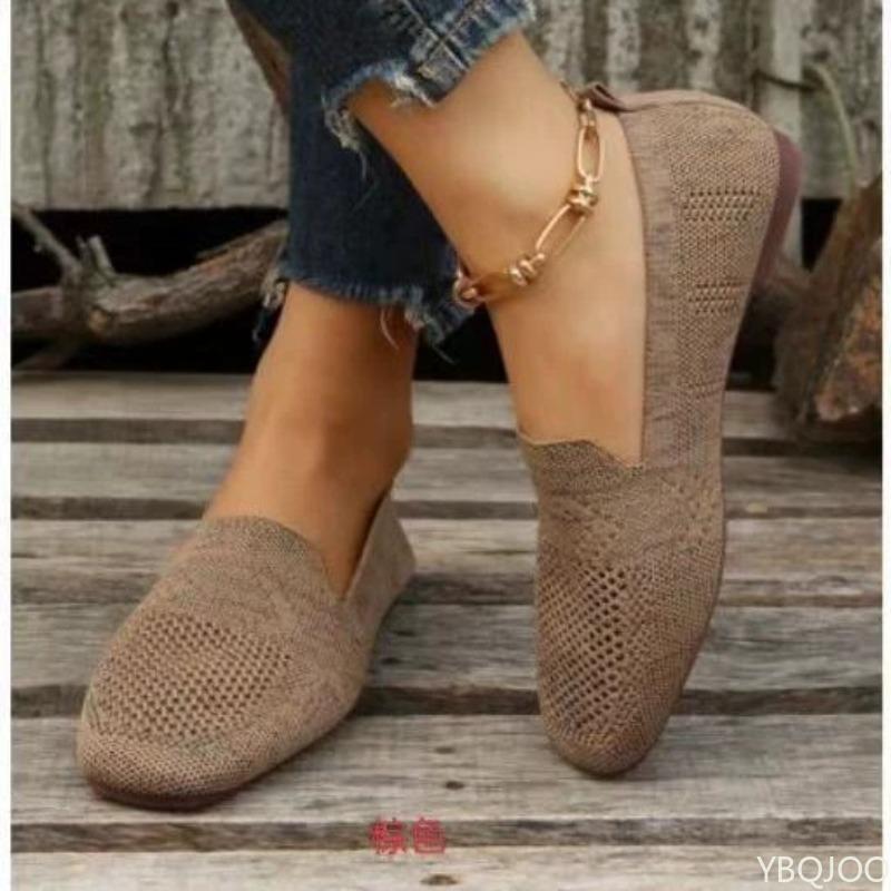 Fashion Flat bottomed shallow mouth casual shoes solid color square toe women's soft sole knitted casual simple comfortable single shoes