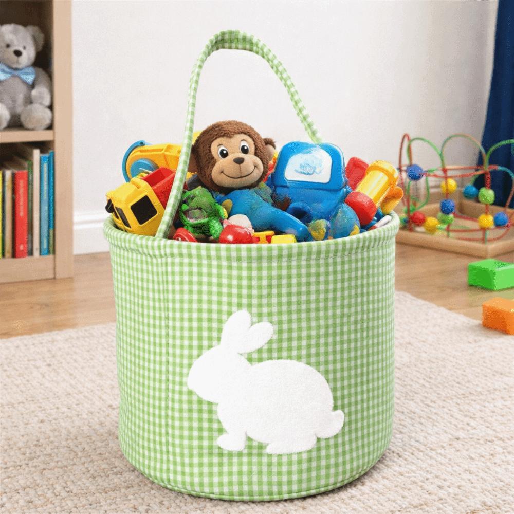 Embroidery Easter Rabbit Basket Plaid Easter Gift Basket Reusable Toys Storage Bag Nursery Storage