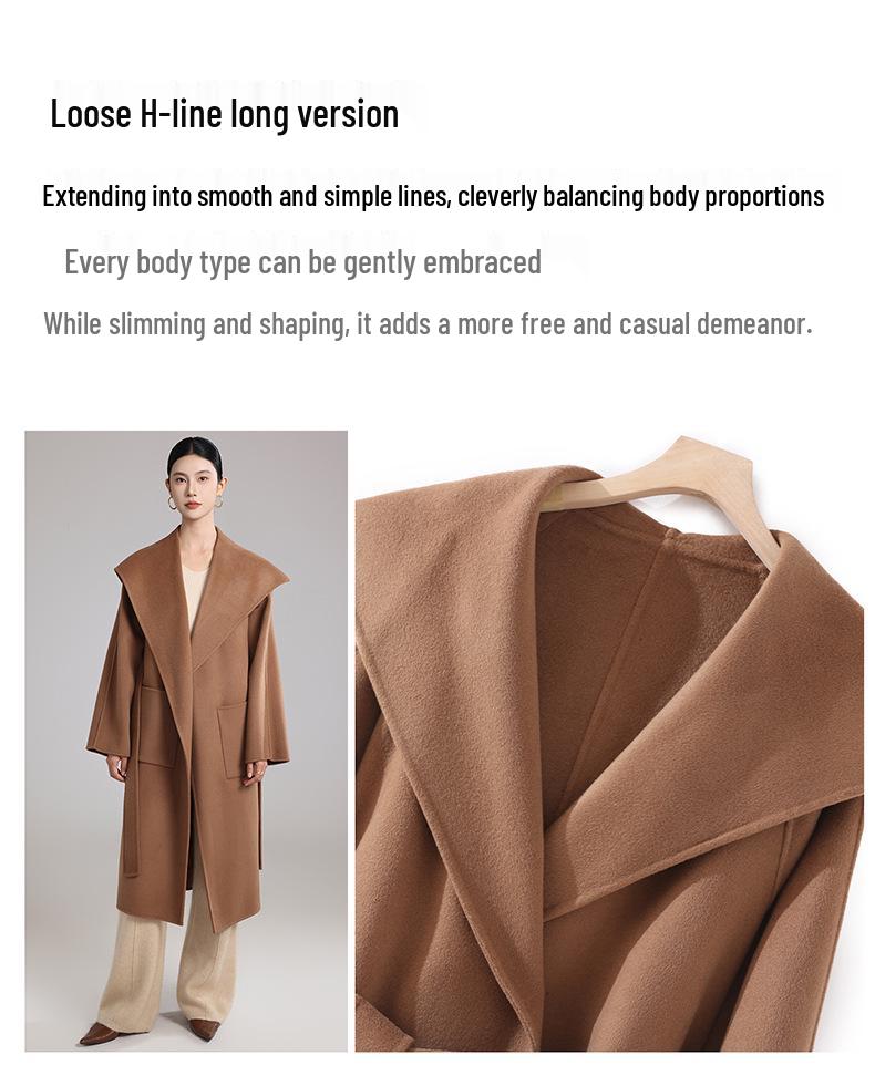 High-End Extra Long Double-Faced Wool Coat: Hooded, Tie-Waist, Light Luxury Casual Silhouette with Cashmere