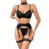 Set de lenjerie elegant pentru femei, cu imprimeu leopard negru flocat, transparent, cu sârmă și push-up, cu jartieră pentru picior