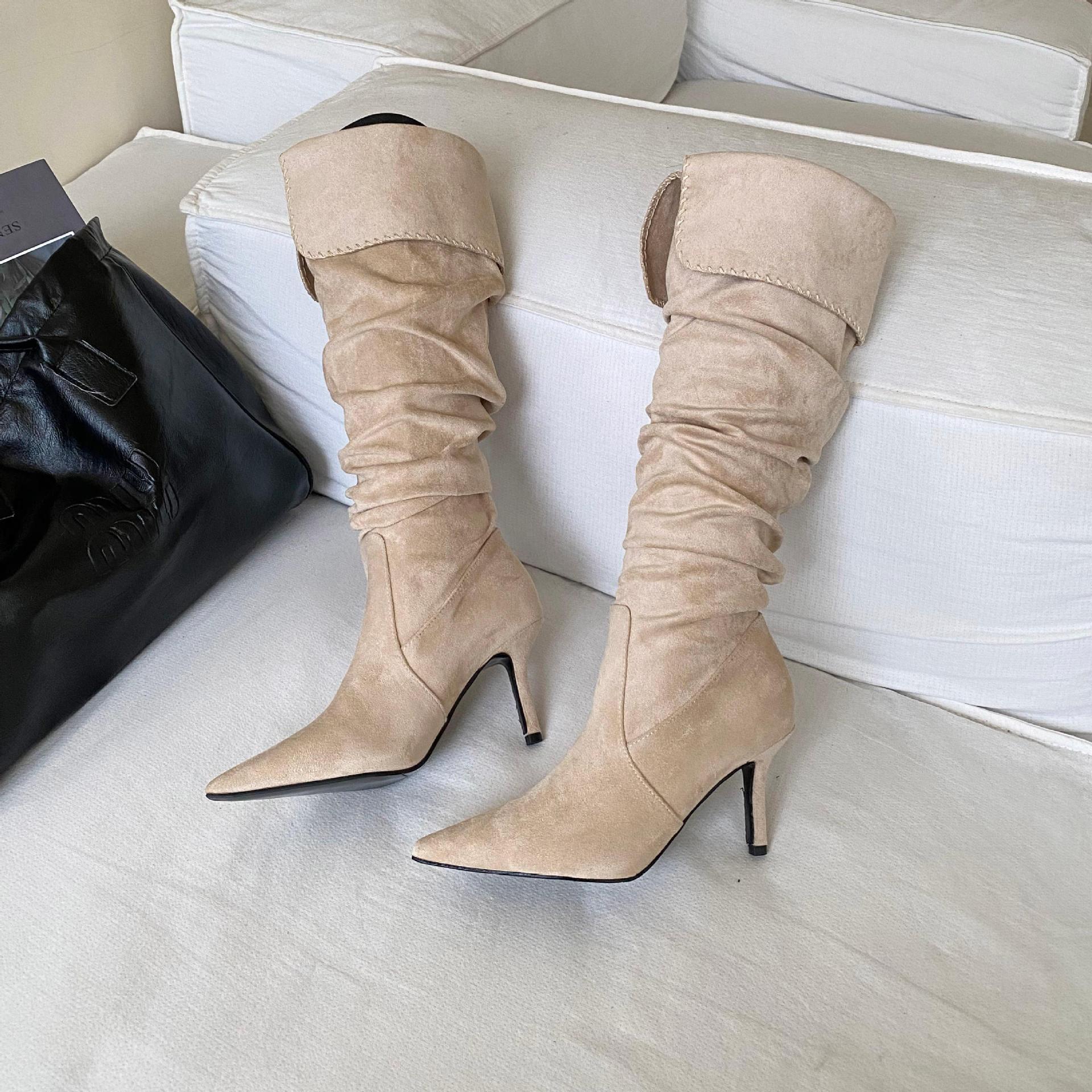 

Maillard осень и зима новые французские ретро остроносые плиссированные тонкий каблук высокие сапоги женские замшевые до колена длинный голенище 39