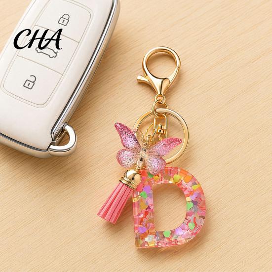 Compact Keychain Pink Series Pendant, Sequins Heart Initial Letter Charm Key Chain with Versatile Butterfly Tassel Design, A-Z Holder for Bag