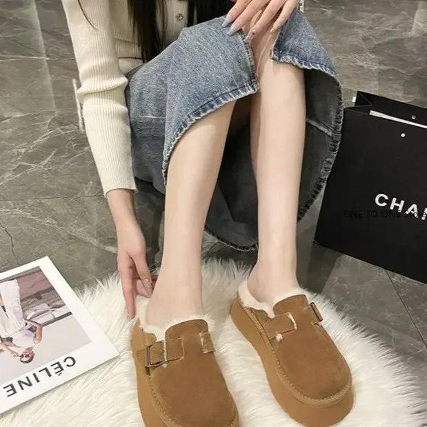 Fashion Shoes Woman 2025 Round Toe Clogs Platform Loafers Fur Female Footwear New Winter Creepers Dress Rubber Med Fabric Snow Boots Sli