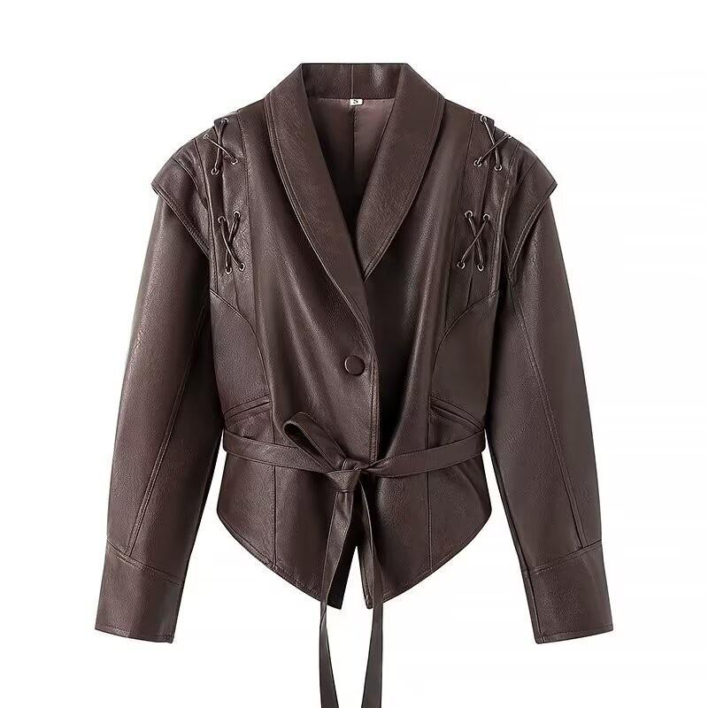 Womens Vintage Brown Leather Jacket Loose Fit Square Collar Zip Up Winter