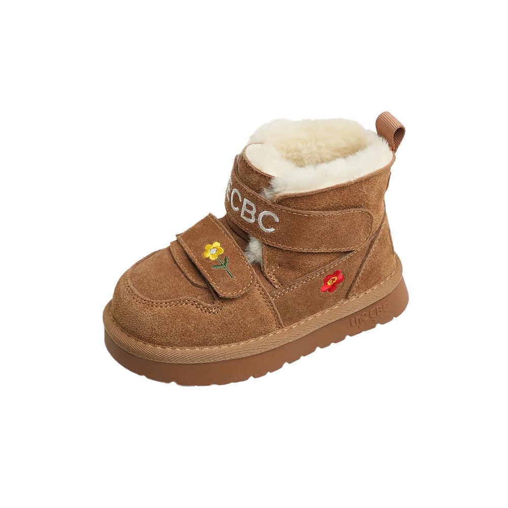 XSHX Retro "embroidered Wool Mouth" Children's Cold-proof Leather Snow Boots Winter Girls Velcro 249091