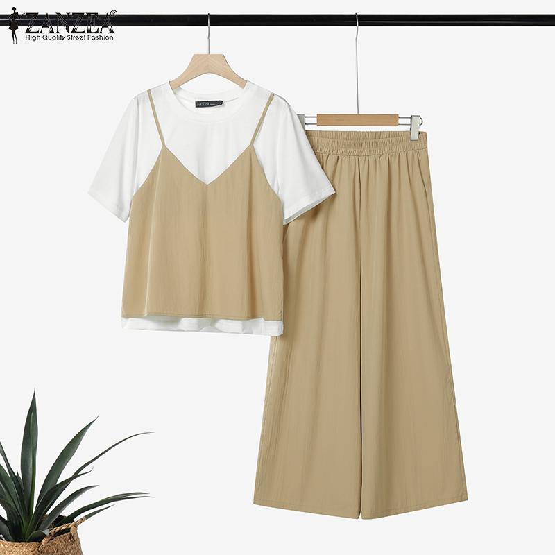 ZANZEA Completo estivo da donna con camicetta e pantaloni a maniche corte, due pezzi
