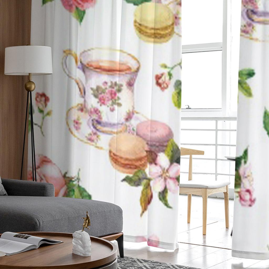 Watercolor Macaroons Rose Blossom Cherry Cakes Teacup Sheer Curtains Living Room Tulle Window Curtain Bedroom Kitchen Drapes