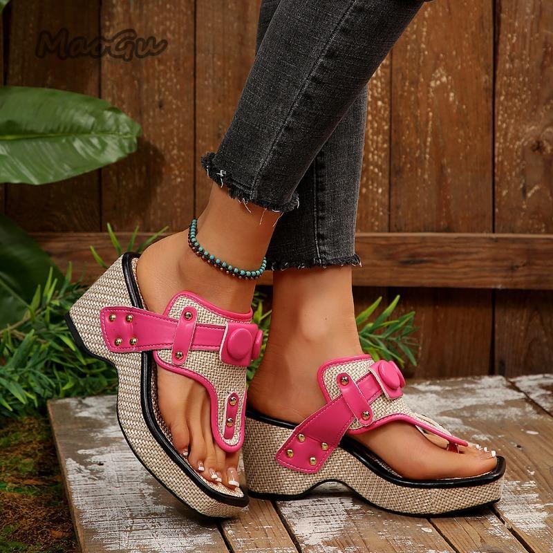 Summer Women Footwear Sandalias Clip Toe Platforms Sandals Rivet Metal Buckle Slip on Wedge Sandal Size35 43 Zapatos De Mujer