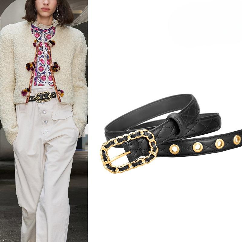 Belt, Jeans Trim Strap, Genuine Cowhide Fashionable Women's Pin Buckle Round Eye Hollow Nail Strap