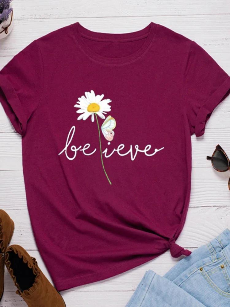 BELIEVE Daisy Print Women T Shirt Short Sleeve O Neck Loose Women Tshirt Ladies Fashion Tee Shirt Tops Clothes Camisetas Mujer