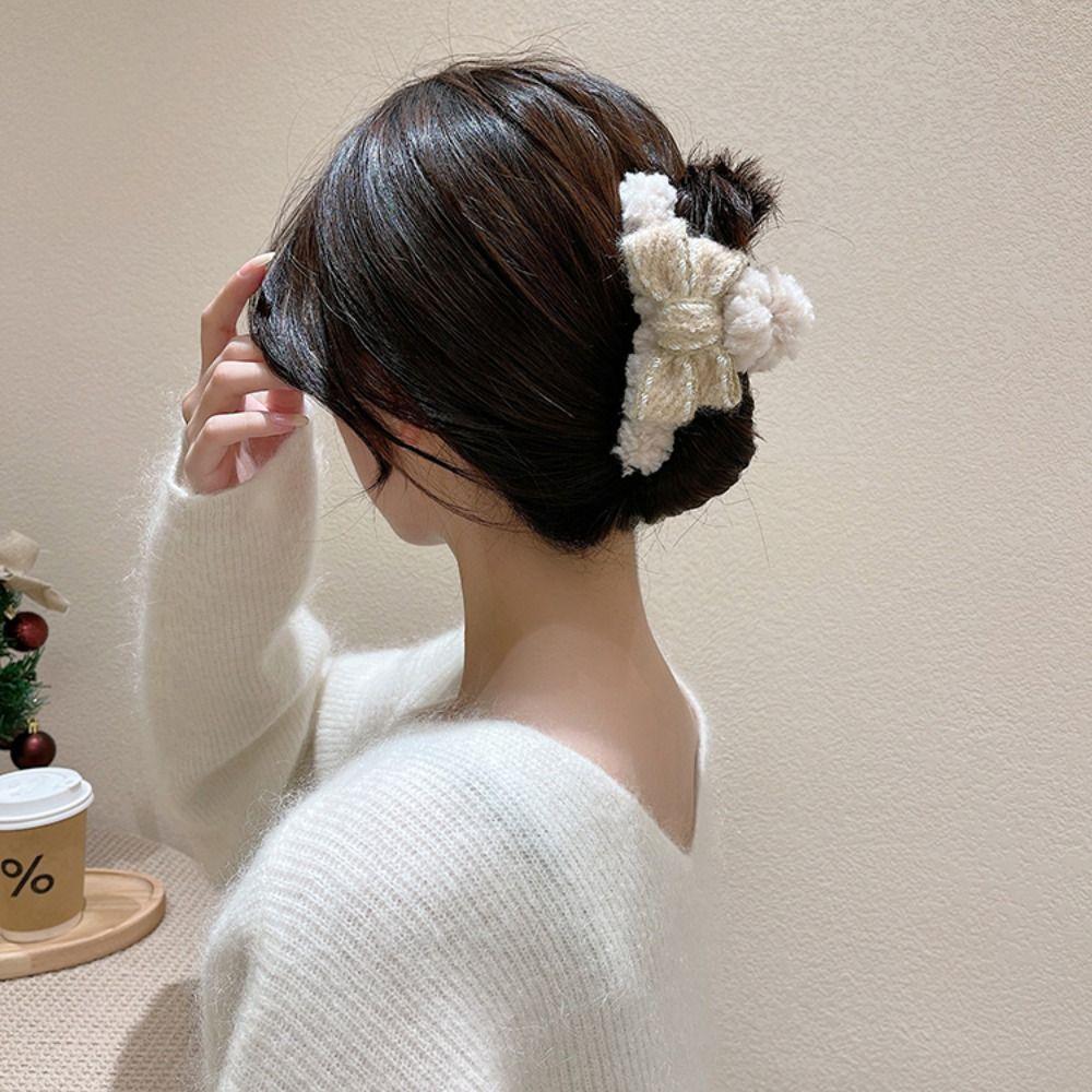 Lamb Wool Bow Hair Clip Barrettes Shark Grab Clip Unique Christmas Plush Hair Claw  Women