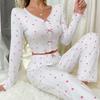 Heart Print V-neck Long Sleeve Pajamas with Lace Trim - Women's Two-piece Set
