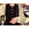 French Chic Long Sleeve A-Line Midi Dress With Built-in Bra Pad High Waist Solid Black Womens Elegant Vintage Style
