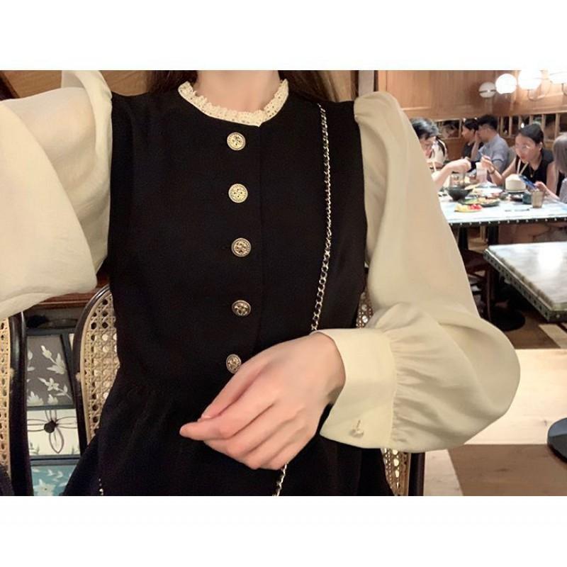 French Chic Long Sleeve A-Line Midi Dress With Built-in Bra Pad High Waist Solid Black Womens Elegant Vintage Style