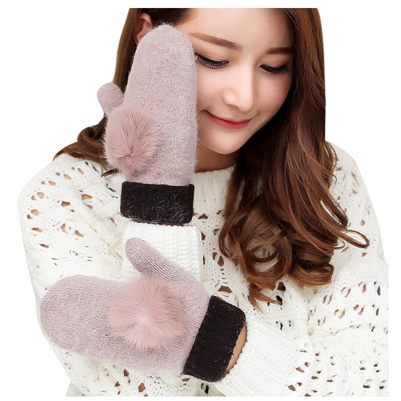Autumn and winter gloves, wool women, super thick warm rabbit hairball double-layer thickened knit gloves
