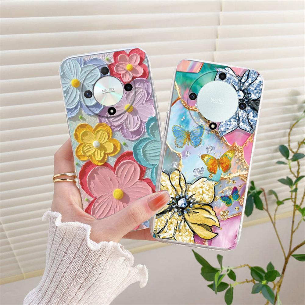 Rose Flower Lavender Oil Painting Phone Case For Honor X9c X9b X9a X8a X8b X8c X7a X7b X7c X6b X7c X7d Transparent Clear Cover
