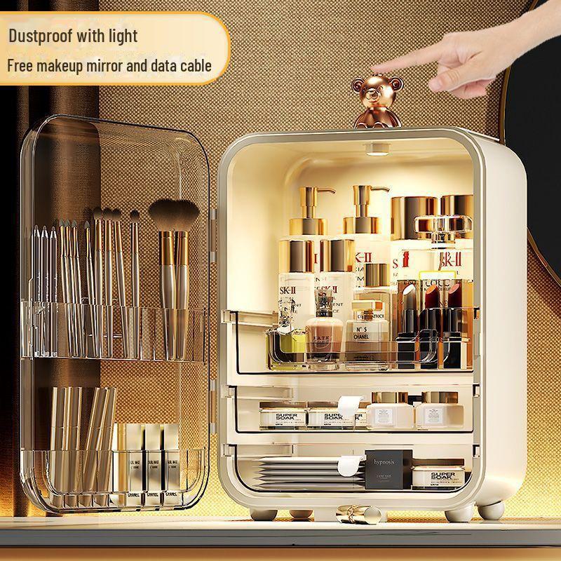 Boîte de Rangement Cosmétique Anti-Poussière de Grande Capacité avec Miroir pour Coiffeuse.