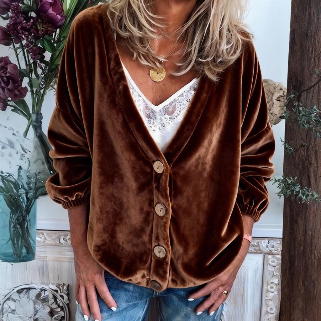 Women's Casual V,neck Long,sleeved Color Cardigan, Women's Velvet Top.