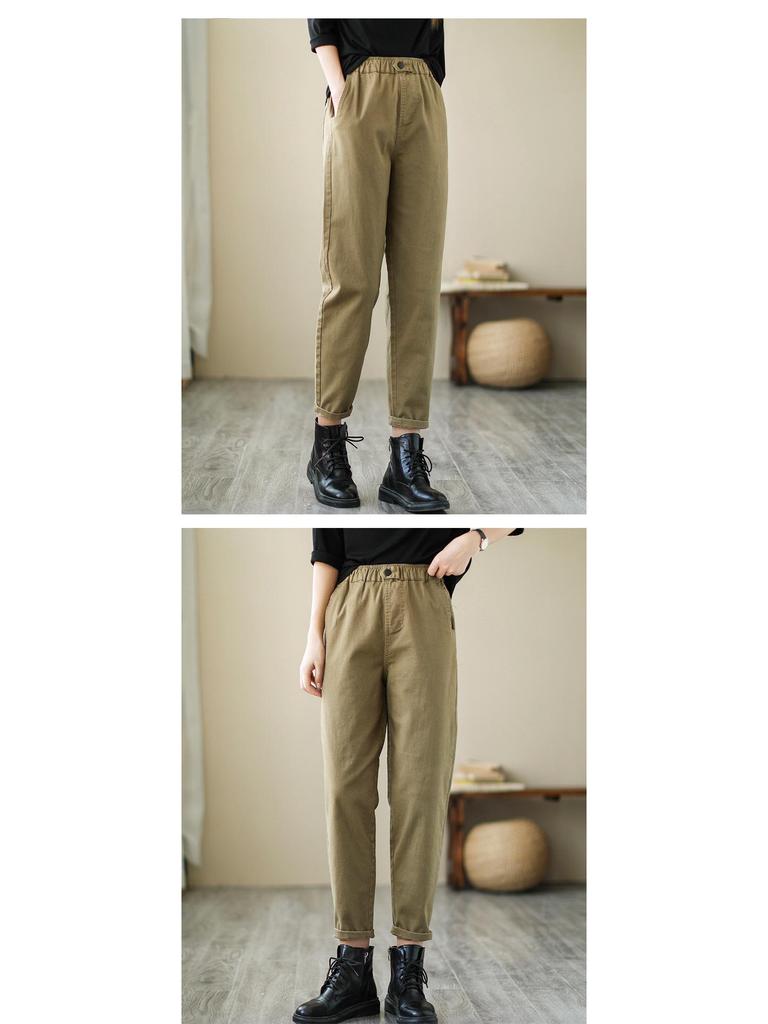 2024 Women's Spring & Autumn Retro Harem Pants, Elastic Waist, Loose Fit, Plus Size, Pure Cotton Carrot Pants