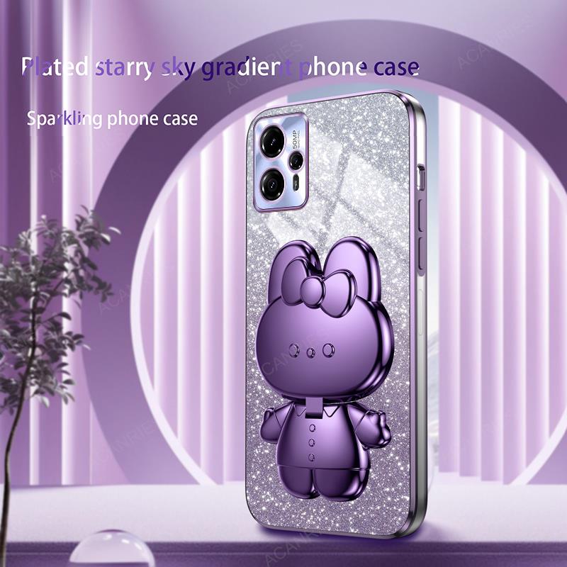 Cute 3D Rabbit Makeup Mirror Stand Plating Case For Motorola Moto G13 G23 G53 G72 G73 E13 E20 E22 E32 E6s E7 Plus Protect Cover