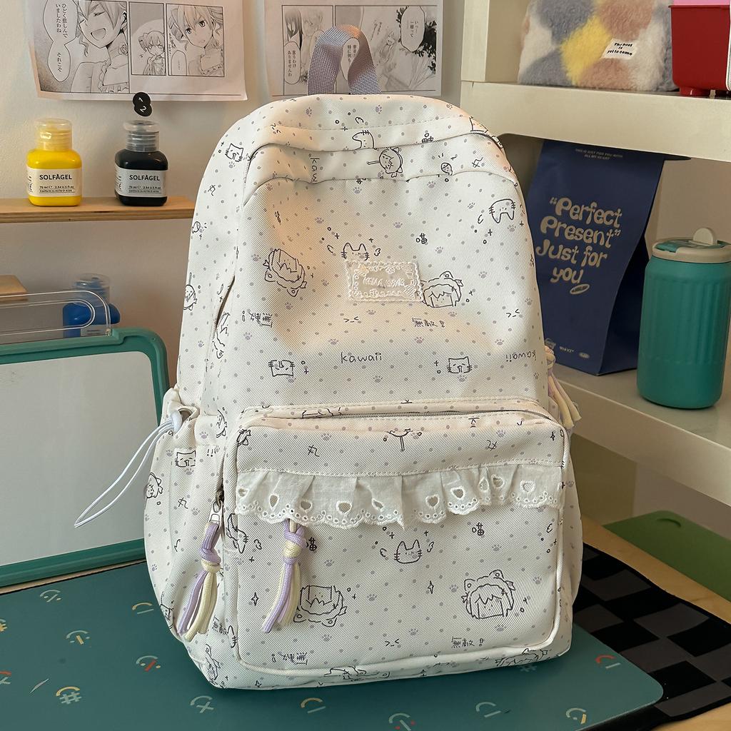 Schoolbag Japanese ins style cute cartoon print ballet style lace sweet soft sister travel leisure backpack