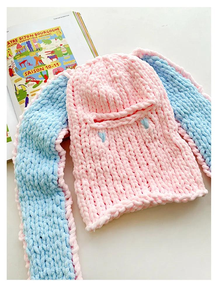 Y2K Winter Warm Knitted Beanie Hat With Long Rabbit Ear Funny Balaclava Ski Mask Cap Handmade Skullies For Halloween Party