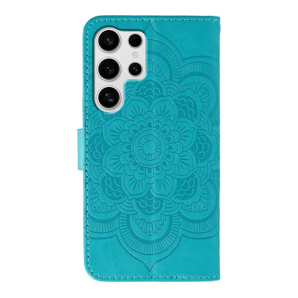 For Samsung Galaxy S24 Ultra Case Rhinestone Decor PU Leather Mandala Imprinted Design Phone Cover with Wrist Strap