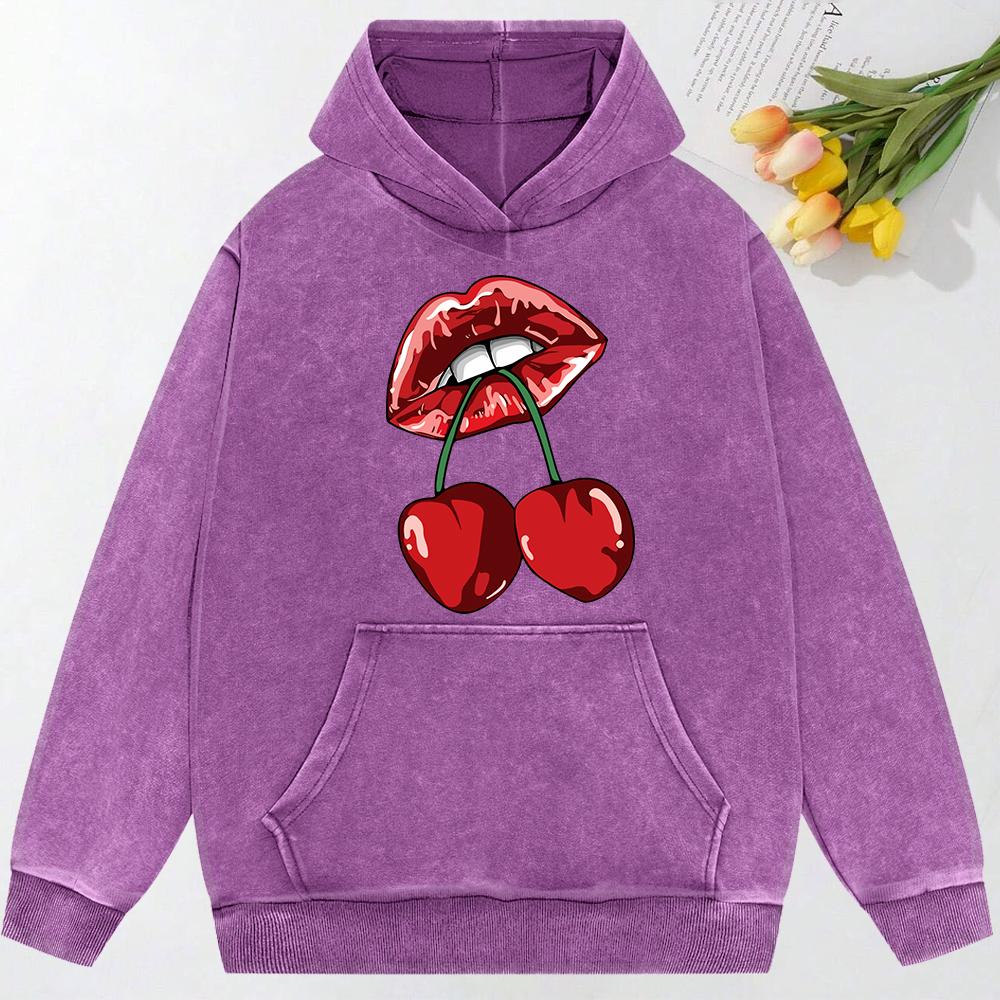 Cherries In The Mouth Printing Women Hoody Pocket Fashion Pullover Casual Oversized Hoodie Comfortable Cotton Sweatshirt