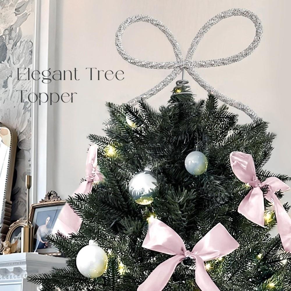 Rhinestone Bow Christmas Tree Topper Metal Gold/Silver Xmas Tree Ornament Decorative Props Extra Large Christmas Decoration