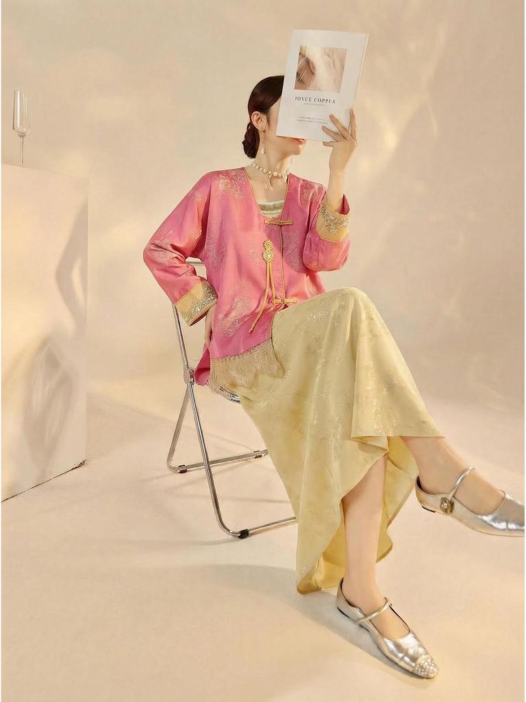Elegant Chinese National Style Women's Spring Embroidered Top and Skirt Set