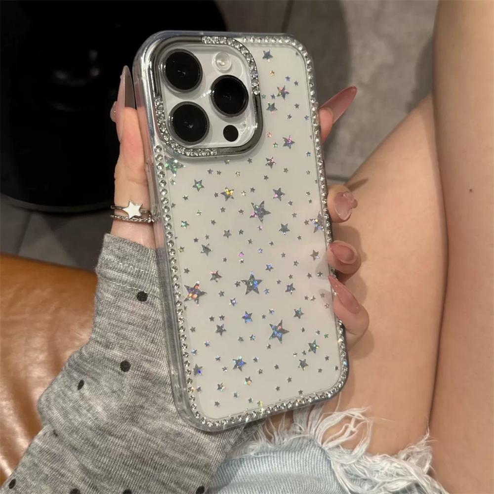 Shiny Glitter Star Rhinestone Shell Pattern Phone Case For iPhone 17 Air 16 15 14 13 12 11 Pro Max 14 Plus Soft Shockproof Cover