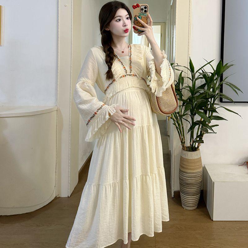 Maternity Dress High-End Sensation Internet Celebrity Ethnic Style Exotic Style Vacation Style Fashionable Stylish Mom Temperament Long Sleeve Dress